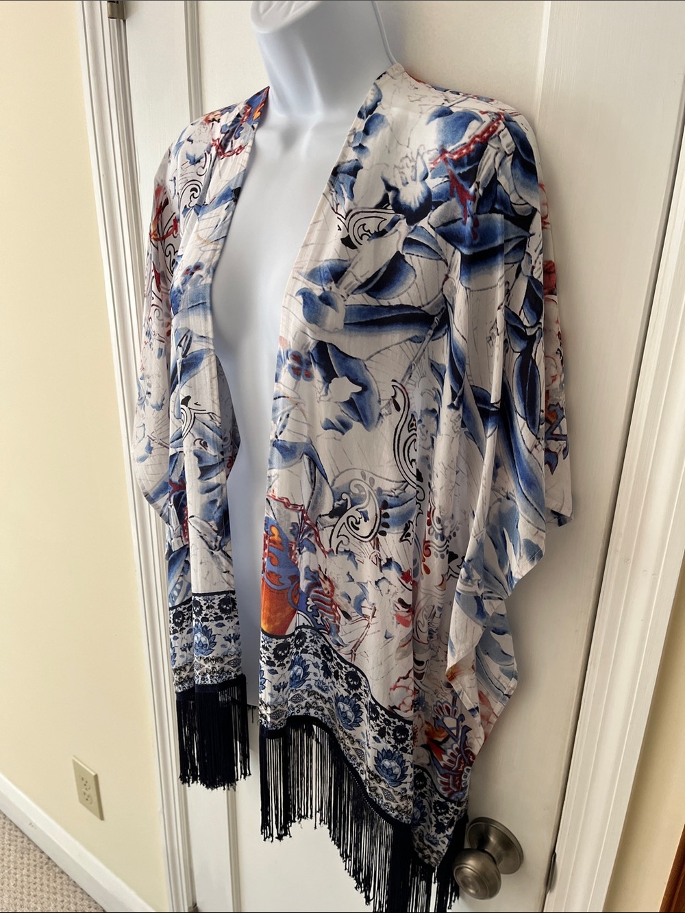 Chico's Silk Modal Kimono Wrap Open Front Asian Floral Swim Cover Womens S/M